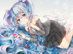 Rule 34 | 1girl, animal, bad id, bad pixiv id, barefoot, black shirt, black skirt, blue eyes, blue hair, blue ribbon, blush, closed mouth, collarbone, commentary request, detached sleeves, fish, gradient ribbon, hair between eyes, hair ribbon, hatsune miku, jewelry, long hair, long sleeves, looking at viewer, lying, off-shoulder shirt, off shoulder, on side, pendant, pink ribbon, pleated skirt, ribbon, ripples, shikino (sikinonono), shirt, sidelocks, skirt, smile, solo, strapless, strapless shirt, tile floor, tiles, twintails, very long hair, vocaloid, water