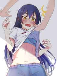 Rule 34 | assisted exposure, bad id, bad pixiv id, blue bra, blue hair, blush, bra, clothes lift, cowboy shot, embarrassed, eris.y (7hai), hair between eyes, highres, lifting another&#039;s clothes, long hair, love live!, love live! school idol project, multiple girls, navel, open mouth, pants, shirt, shirt lift, short sleeves, simple background, solo focus, sonoda umi, stomach, sweatdrop, underwear, wavy mouth, white shirt, yellow eyes