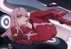 Rule 34 | 1girl, armband, ass, bodysuit, breasts, candy, commentary, darling in the franxx, english commentary, feet, food, foxinshadow, green eyes, highres, holding, holding candy, holding food, holding lollipop, horns, legs up, licking, lollipop, long hair, looking at viewer, lying, on back, petite, pink hair, red bodysuit, signature, small breasts, smile, solo, toes, tongue, tongue out, watermark, zero two (darling in the franxx)