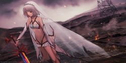 Rule 34 | 1girl, altera (fate), bad id, bad pixiv id, bare shoulders, blunt bangs, choker, cloud, cloudy sky, dark-skinned female, dark skin, detached sleeves, dr woodpecker, dutch angle, fate/grand order, fate (series), fire, flat chest, highres, holding, holding sword, holding weapon, looking away, navel, red eyes, short hair, silver hair, sky, solo, sparks, standing, sword, torn clothes, veil, wasteland, weapon