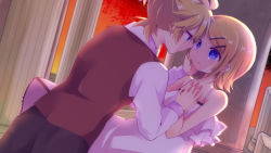 Rule 34 | 1boy, 1girl, adolescence (vocaloid), aoi choko (aoichoco), bare shoulders, blonde hair, blue eyes, brother and sister, camisole, dress, dusk, dutch angle, eye contact, frilled dress, frills, hair ornament, hairclip, hand on another&#039;s face, incest, kagamine len, kagamine rin, looking at another, pillar, short hair, siblings, sleeveless blazer, sleeveless jacket, twincest, twins, vocaloid