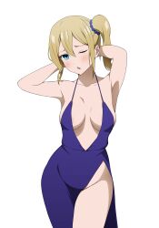 Rule 34 | 1girl, ;o, aqua eyes, armpits, arms up, blonde hair, breasts, breasts apart, cleavage, coro fae, dress, evening gown, groin, hair ornament, hair scrunchie, hayasaka ai, highres, kaguya-sama wa kokurasetai ~tensai-tachi no renai zunousen~, looking at viewer, medium breasts, one eye closed, open mouth, plunging neckline, purple dress, scrunchie, side ponytail, side slit, simple background, solo, thighs, white background