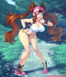 Rule 34 | 1girl, :d, arched back, blue eyes, breasts, brown hair, cleavage, cosplay, creatures (company), double bun, full body, fusion, game freak, gloves, hair bun, hat, high heels, highres, hilda (pokemon), hilda (pokemon) (cosplay), horns, large breasts, leaning forward, long hair, microskirt, midriff, nintendo, open mouth, outdoors, pokemon, pokemon bw, pokemon bw2, revealing clothes, rosa (pokemon), skirt, smile, solo, standing, supersatanson, twintails, very long hair, visor cap