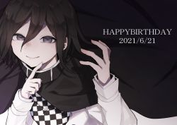 Rule 34 | 1boy, absurdres, black cape, black eyes, black hair, cape, checkered clothes, checkered scarf, closed mouth, commentary request, danganronpa (series), danganronpa v3: killing harmony, dated, finger to mouth, floating cape, grey background, hair between eyes, half-closed eyes, hand up, happy birthday, highres, holding, index finger raised, jacket, long sleeves, looking at viewer, male focus, oma kokichi, scarf, shirt, smile, solo, upper body, waguri (ronpa), white jacket