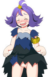 Rule 34 | 10s, 1girl, acerola (pokemon), armlet, blush, cleft of venus, clitoris, clothes lift, collarbone, cowboy shot, creatures (company), cupala (8492ace), dress, dress lift, elite four, embarrassed, female focus, flat chest, game freak, gluteal fold, hair ornament, holding, holding clothes, holding dress, lifted by self, multicolored clothes, multicolored dress, nintendo, no panties, pokemon, pokemon sm, purple hair, pussy, short sleeves, simple background, solo, standing, trial captain, uncensored, white background