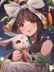 Rule 34 | 1girl, :d, artist name, bare shoulders, bow, brown eyes, brown hair, carrot, chang&#039;e (mobile legends), chinese clothes, commentary, dress, english commentary, hair bow, hair ornament, heikokuru1224, long hair, long sleeves, looking at viewer, mobile legends: bang bang, night, night sky, one eye closed, open mouth, rabbit, sky, smile, solo, star (sky), starry sky, upper body, white dress