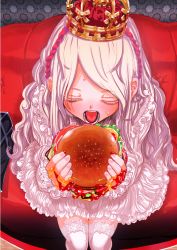Rule 34 | 1girl, animal print, blush, burger, butterfly print, chair, cheese, closed eyes, colored eyelashes, crown, dress, eating, engwork, fingernails, floral print, food, from above, highres, holding, holding food, lettuce, long hair, long sleeves, nail polish, onion, original, pink nails, sitting, sleeves past wrists, solo, sweat, swept bangs, teeth, thighhighs, tomato, tongue, wavy hair, white dress, white hair, white thighhighs, zettai ryouiki