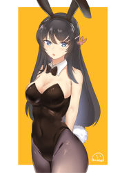 Rule 34 | 10s, 1girl, animal ears, arms behind back, artist logo, bare arms, bare shoulders, black bow, black hair, black leotard, black neckwear, blue eyes, blush, bow, bow tie, breasts, cleavage, covered navel, detached collar, dh-zone, fake animal ears, female focus, grey pantyhose, hair between eyes, hair ornament, hairclip, highres, leotard, long hair, looking at viewer, medium breasts, neck, pantyhose, playboy bunny, rabbit ears, rabbit tail, sakurajima mai, seishun buta yarou, solo, standing, strapless, strapless leotard, tail, yellow background