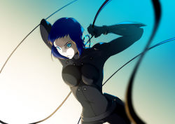 Rule 34 | 1girl, blue eyes, blue hair, bodysuit, cable, electricity, ghost in the shell, ghost in the shell arise, hikaru8090, kusanagi motoko, looking at viewer, matching hair/eyes, plug, short hair, solo
