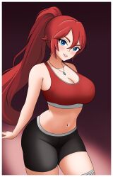 Rule 34 | 1girl, bike shorts, black shorts, blue eyes, blush, borrowed character, breasts, canadiananiguy, cleavage, gloves, highres, jewelry, large breasts, long hair, looking at viewer, mcarthur1010, navel, necklace, original, ponytail, red hair, red sports bra, shorts, simple background, smile, solo, sports bra