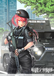 Rule 34 | 1girl, ammunition pouch, armored personnel carrier, armored vehicle, artist name, assault rifle, backpack, bad id, bad pixiv id, badge, bag, battle rifle, beret, blue eyes, bope, brazil, buckle, bulletproof vest, combat girls regiment, fingerless gloves, fn fal, gloves, gun, hat, korean text, kws, load bearing vest, long hair, military, military operator, military police, military vehicle, original, pink hair, ponytail, portuguese text, pouch, rifle, snap-fit buckle, trigger discipline, vehicle, volkswagen, watch, weapon