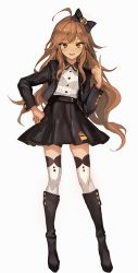 Rule 34 | 1girl, :d, ahoge, black bow, black footwear, black jacket, blush, boots, bow, brown hair, buttons, collared shirt, cropped jacket, eyelashes, full body, hair bow, hand on own hip, hat, hat bow, high-waist skirt, jacket, knee boots, lm7 (op-center), long hair, long sleeves, looking at viewer, open clothes, open jacket, open mouth, original, pointing, ribbed shirt, shirt, sidelocks, simple background, skirt, smile, solo, standing, striped clothes, striped shirt, thighhighs, tsurime, uniform, vertical-striped clothes, vertical-striped shirt, very long hair, white background, white shirt, white thighhighs, yellow eyes, zettai ryouiki