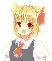 Rule 34 | 1girl, :3, animal ears, ascot, bad id, bad pixiv id, blonde hair, blush, cat ears, cat girl, fang, female focus, gradient background, hair ribbon, kemonomimi mode, looking at viewer, open mouth, red eyes, ribbon, rumia, shirt, smile, solo, touhou, upper body, vest, white background, yagura miketa