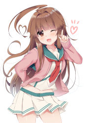 Rule 34 | 1girl, :d, ahoge, blush, brown eyes, brown hair, cardigan, commentary request, cowboy shot, fang, fingernails, hand up, head tilt, heart, heart ahoge, highres, huge ahoge, index finger raised, kantai collection, ko yu, kuma (kancolle), long hair, long sleeves, looking at viewer, midriff, midriff peek, navel, necktie, open cardigan, open clothes, open mouth, pink cardigan, pleated skirt, red necktie, school uniform, serafuku, shirt, simple background, skirt, sleeves past wrists, smile, solo, very long hair, white background, white shirt, white skirt