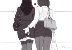 Rule 34 | 2girls, artist name, ass, ass grab, back-seamed legwear, bag, business suit, chikan, commentary, english commentary, facing away, fingering, fingering from behind, fingering through clothes, formal, from behind, futomomomoe, grabbing another&#039;s ass, greyscale, groping, handbag, heart, long hair, monochrome, multiple girls, office lady, original, panties, pantyhose, pencil skirt, seamed legwear, simple background, sketch, skirt, suit, thighhighs, through clothes, underwear, unworn panties, watch, wristwatch, yuri, zettai ryouiki
