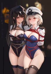 Rule 34 | 2girls, absurdres, awaji, bdsm, blush, bondage, bound, breasts, cleavage, hat, highres, large breasts, leotard, looking at viewer, multiple girls, original, playboy bunny, restrained, short hair, thighhighs, thighs, twintails, uniform, white hair