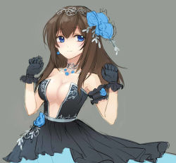 Rule 34 | 10s, 1girl, alternate hair color, armband, bad id, bad twitter id, bare shoulders, black dress, blue eyes, blue flower, blue rose, blush, breasts, brown hair, cleavage, closed mouth, collarbone, dress, earrings, eyebrows, flower, grey background, hair between eyes, hair flower, hair ornament, hairband, idolmaster, idolmaster cinderella girls, idolmaster cinderella girls starlight stage, jewelry, long hair, medium breasts, rose, sagisawa fumika, simple background, smile, solo, ssussam, strapless, strapless dress, upper body