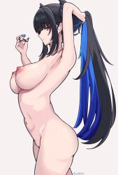 Rule 34 | 1girl, absurdres, armpits, ass, black hair, blue hair, breasts, colored inner hair, commentary, completely nude, coubalty, cowboy shot, demon horns, english commentary, female pubic hair, from side, hair lift, hair tie, highres, holding, holding hair tie, holding own hair, hololive, hololive english, horns, large breasts, long hair, looking at viewer, mole, mole under eye, multicolored hair, navel, nerissa ravencroft, nipples, nude, pubic hair, red eyes, smile, solo, two-tone hair, very long hair, virtual youtuber