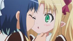 Rule 34 | 2girls, astarotte ygvar, blonde hair, blue hair, blush, closed eyes, green eyes, hand on another&#039;s face, kiss, kissing cheek, lotte no omocha!, multiple girls, one eye closed, pointy ears, touhara asuha, wink, yuri
