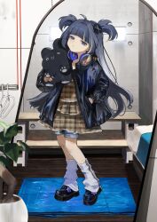 Rule 34 | 1girl, bags under eyes, black footwear, black hair, black jacket, blunt bangs, brown dress, closed mouth, denim, denim shorts, dress, full body, grey eyes, hand in pocket, headphones, highres, holding, holding stuffed toy, indoors, jacket, kurehalxxx, leg warmers, long hair, open clothes, open jacket, original, plant, potted plant, reflection, shoes, shorts, shorts under dress, solo, standing, stuffed toy, two side up