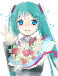 Rule 34 | 1girl, aqua eyes, aqua hair, bad id, bad pixiv id, bare shoulders, blush, bouquet, detached sleeves, flower, haruyuki (yukichasoba), hatsune miku, long hair, looking at viewer, necktie, open mouth, sketch, smile, solo, twintails, very long hair, vocaloid, waving