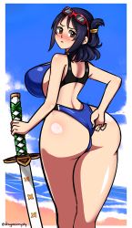 Rule 34 | 1girl, absurdres, alternate costume, ass, ass focus, back, backless outfit, bare arms, bare shoulders, beach, black hair, blue sky, blush, breasts, brown eyes, closed mouth, collarbone, competition swimsuit, covered navel, cowboy shot, curvy, embarrassed, from behind, glasses, glasses on head, goggles, goggles on head, hair bun, hair tie, highleg, highleg swimsuit, highres, huge ass, large breasts, looking at viewer, looking back, official alternate costume, one-piece swimsuit, one piece, sideboob, simple background, single hair bun, sky, standing, swimsuit, sword, tashigi, thick thighs, thigh gap, thighs, weapon, wedgie, white background, wide hips