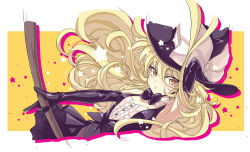 Rule 34 | 1girl, alternate costume, arm up, armpits, black gloves, blonde hair, blush, bow, bowtie, broom, detached collar, elbow gloves, gloves, hat, highres, kirisame marisa, long hair, looking at viewer, solo, star (symbol), touhou, touya (the-moon), witch hat, yellow eyes
