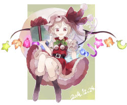 Rule 34 | 1girl, :d, blonde hair, boots, bow, brown footwear, fang, fangs, flandre scarlet, full body, fur boots, happy, hat, hat bow, highres, looking at viewer, open mouth, red eyes, revision, sack, santa boots, santa costume, shihou (g-o-s), side ponytail, simple background, smile, snow boots, solo, touhou, wide-eyed, wings