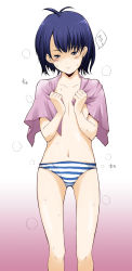 Rule 34 | highres, kawamura tsukasa, original, panties, short hair, solo, striped clothes, striped panties, topless, underwear