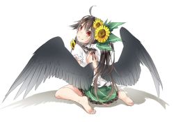 Rule 34 | 1girl, alternate hairstyle, bare back, barefoot, bird wings, bow, brown hair, flower, hair bow, long hair, looking at viewer, looking back, md5 mismatch, ponytail, red eyes, reiuji utsuho, resized, resolution mismatch, simple background, sitting, skirt, smile, solo, source larger, touhou, toutenkou, wariza, wings