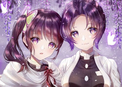 Rule 34 | 2girls, :3, black hair, black jacket, bug, butterfly, butterfly hair ornament, closed mouth, flower, gradient hair, hair between eyes, hair ornament, haori, highres, insect, jacket, japanese clothes, kimetsu no yaiba, kochou shinobu, long hair, looking at viewer, multicolored hair, multiple girls, mymero, open mouth, purple eyes, purple hair, red ribbon, ribbon, side ponytail, tsuyuri kanao, upper body, wisteria