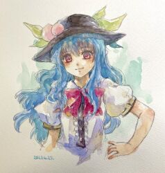 Rule 34 | 1girl, absurdres, blue hair, bow, bowtie, dated, hands on own hips, hat, highres, hinanawi tenshi, long hair, one-hour drawing challenge, painting (medium), puffy short sleeves, puffy sleeves, red bow, red eyes, shiroma (mamiko), shirt, short sleeves, touhou, traditional media, upper body, watercolor (medium), white background, white shirt