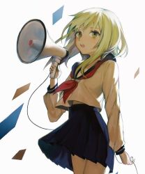 Rule 34 | 1girl, bad id, bad pixiv id, blue sailor collar, blue skirt, cable, green eyes, green hair, gumi, holding, holding cable, holding megaphone, looking at viewer, megaphone, neckerchief, open mouth, pleated skirt, red neckerchief, sailor collar, sanshichi (eytc4832), school uniform, serafuku, shirt, short hair, simple background, skirt, solo, toumei elegy (vocaloid), vocaloid, white shirt