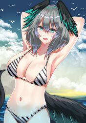 Rule 34 | 1girl, :d, absurdres, aqua eyes, arknights, armpits, arms behind head, arms up, bikini, blue sealad, blue sky, breasts, cloud, commentary, day, fang, grey hair, head wings, highres, ho&#039;olheyak (arknights), large breasts, looking at viewer, navel, open mouth, outdoors, short hair, sky, smile, solo, stomach, striped bikini, striped clothes, swimsuit, tail, upper body, wings