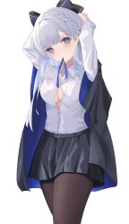 Rule 34 | 1girl, absurdres, argus (a hundred sleepless eye) (azur lane), argus (azur lane), arms behind head, azur lane, belt, black belt, black bow, black coat, black skirt, blue ribbon, bow, braid, breast pocket, breasts, button gap, coat, commentary, cowboy shot, dress shirt, grey eyes, grey hair, hair bow, highres, large breasts, long hair, luguo, medium breasts, mouth hold, open clothes, open coat, pantyhose, pleated skirt, pocket, ribbon, ribbon in mouth, shirt, skirt, solo, tying hair, white shirt