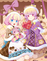 Rule 34 | 2girls, :d, amauri miruki, amauri miruki (primagista), animal ears, apron, bear ears, blonde hair, blue eyes, bow, box, brown capelet, capelet, chocolate, closed mouth, colored eyelashes, commentary request, dress, ebi nana, fake animal ears, frilled apron, frills, fur-trimmed capelet, fur-trimmed dress, fur trim, gift, gift box, gradient hair, hair bow, hands up, hanitan, hat, heart, heart-shaped box, highres, holding, holding gift, holding stuffed toy, kneeling, long hair, long sleeves, looking at viewer, mittens, multicolored hair, multiple girls, open mouth, pink bow, pink eyes, pink hair, pretty series, puffy long sleeves, puffy sleeves, purple capelet, purple hair, short hair, smile, streaked hair, stuffed animal, stuffed toy, teddy bear, valentine, waccha primagi!, waccha primagi! studio, white apron, yellow bow