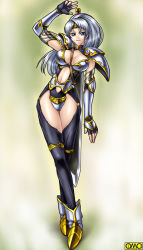 Rule 34 | 1girl, :d, arm up, armor, asura fantasy online, between breasts, bikini armor, black thighhighs, blue eyes, boots, breasts, center opening, cleavage, cleavage cutout, clothing cutout, crossed legs, crotch plate, elbow gloves, fantasy, fingerless gloves, floating hair, garter straps, gauntlets, gem, gloves, greaves, green background, grin, high ponytail, huge weapon, kagami hirotaka, large breasts, leaning, looking at viewer, midriff, navel, o-ring, o-ring bottom, omc, open mouth, parted bangs, pauldrons, ponytail, reina forster, shoulder armor, silver hair, smile, solo, standing, steam, strap, sword, thigh gap, thighhighs, thighlet, thighs, turtleneck, watermark, watson cross, weapon