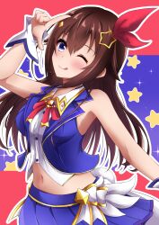 Rule 34 | 1girl, blue skirt, blue vest, blush, brown hair, hair ornament, highres, hololive, long hair, looking at viewer, moezi, navel, one eye closed, purple eyes, skirt, star (symbol), star hair ornament, tokino sora, tokino sora (1st costume), tongue, tongue out, vest, virtual youtuber