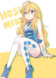 Rule 34 | 10s, 1girl, ahoge, argyle, blonde hair, blue footwear, blue shorts, boots, character name, closed mouth, ddhs, detached collar, frills, green eyes, hair between eyes, hair ornament, hoshii miki, idolmaster, idolmaster (classic), idolmaster platinum stars, long hair, necktie, shorts, simple background, sitting, solo, thighhighs, very long hair, white thighhighs, wrist cuffs