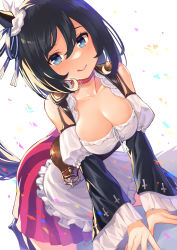 Rule 34 | 1girl, all fours, animal ears, bare shoulders, black hair, blue eyes, breasts, choker, cleavage, commentary request, eishin flash (umamusume), hair between eyes, horse ears, horse girl, horse tail, kibanda gohan, large breasts, licking lips, simple background, skirt, smile, solo, tail, tongue, tongue out, umamusume, white background