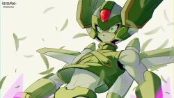 Rule 34 | 1boy, absurdres, android, crop top, crotch plate, dual wielding, energy sword, facial mark, feathers, green eyes, helmet, highres, holding, holding sword, holding weapon, male focus, mechanical wings, mega man (series), mega man zero (series), sage harpuia (mega man), simple background, solo, sword, upper body, weapon, windnevermind, wings