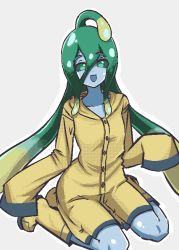 Rule 34 | boots, chained tan, coat, collarbone, colored sclera, commentary, english commentary, green eyes, green hair, green sclera, grey background, hair between eyes, long hair, monster girl, monster musume no iru nichijou, raincoat, sitting, sleeves past fingers, sleeves past wrists, slime girl, solo, suu (monster musume), very long hair, wariza, yellow coat, yellow footwear