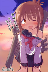 Rule 34 | 1girl, anchor symbol, bare shoulders, blue sailor collar, blue skirt, brown eyes, brown hair, folded ponytail, inazuma (kancolle), kantai collection, long hair, looking at viewer, machinery, nanodesu (phrase), one eye closed, open mouth, outdoors, pleated skirt, red neckwear, rigging, sailor collar, school uniform, serafuku, skirt, sky, smile, solo, sunset, torn clothes, twitter username, zetz
