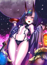 Rule 34 | 1girl, :d, bad id, bad pixiv id, black hair, blush, breasts, chikuwa daimyojin, cup, fangs, fate/grand order, fate (series), gourd, hair ornament, horns, japanese clothes, kimono, lantern, looking at viewer, midriff, moon, navel, off shoulder, oni, open mouth, paper lantern, petals, purple eyes, sakazuki, short hair, shuten douji (fate), shuten douji (first ascension) (fate), skin-covered horns, small breasts, smile, solo