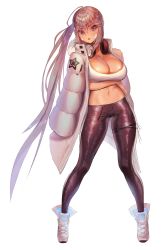 Rule 34 | 1girl, absurdres, ahoge, bandages, bandaid, bandaid on face, bandaid on nose, blush, breasts, closed mouth, commentary request, destiny child, giltine (destiny child), headphones, highres, jacket, jacket on shoulders, korean commentary, large breasts, long hair, mole, mole under eye, myabit, navel, pink hair, shiny skin, simple background, solo, standing, tight clothes, tongue, tongue out, very long hair, white background, white footwear, white jacket, zipper pull tab