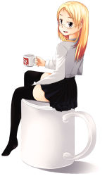 Rule 34 | 1girl, black thighhighs, blonde hair, cup, female focus, glasses, hubrael, long hair, looking back, mug, open mouth, original, oversized object, pink eyes, skirt, smile, solo, thighhighs, white background