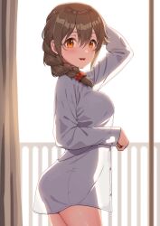 1girl brown_hair highres idolmaster idolmaster_cinderella_girls kamille_(vcx68) long_hair long_sleeves looking_at_viewer open_mouth senkawa_chihiro smile solo standing