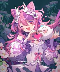 Rule 34 | 1girl, artist name, bird, bow, breasts, character name, cleavage, cone hair bun, detached sleeves, double bun, dress, fang, floral print, flower, frilled sleeves, frills, gem, glasses, hair between eyes, hair bun, heart, hen-tie, highres, ironmouse, long hair, medium breasts, multicolored hair, one eye closed, open mouth, pink bow, pink eyes, pink hair, purple gemstone, purple hair, round eyewear, skin fang, small breasts, solo, streaked hair, virtual youtuber, vshojo, white dress, white flower, wing hair ornament