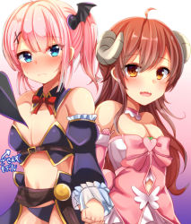 2girls ahoge blue_eyes blush brown_eyes brown_hair chiyoda_momo cosplay costume_switch demon_girl demon_horns demon_tail hair_ornament holding_hands horns long_hair machikado_mazoku magical_girl multiple_girls open_mouth pekesuke pink_hair revealing_clothes tail translation_request yoshida_yuuko_(machikado_mazoku) yuri