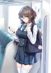 Rule 34 | 1girl, absurdres, aruma jiki, bag, bag charm, blush, breasts, brown hair, buttons, cellphone, charm (object), commentary, dress, glasses, green eyes, hair ribbon, highres, holding, holding phone, large breasts, long hair, long sleeves, looking at viewer, necktie, original, phone, pinafore dress, pleated skirt, ribbon, school bag, school uniform, semi-rimless eyewear, shirt, skirt, sleeveless, sleeveless dress, smartphone, solo, standing, stuffed animal, stuffed cat, stuffed toy, thighhighs, train, train interior, white shirt, white thighhighs, zettai ryouiki